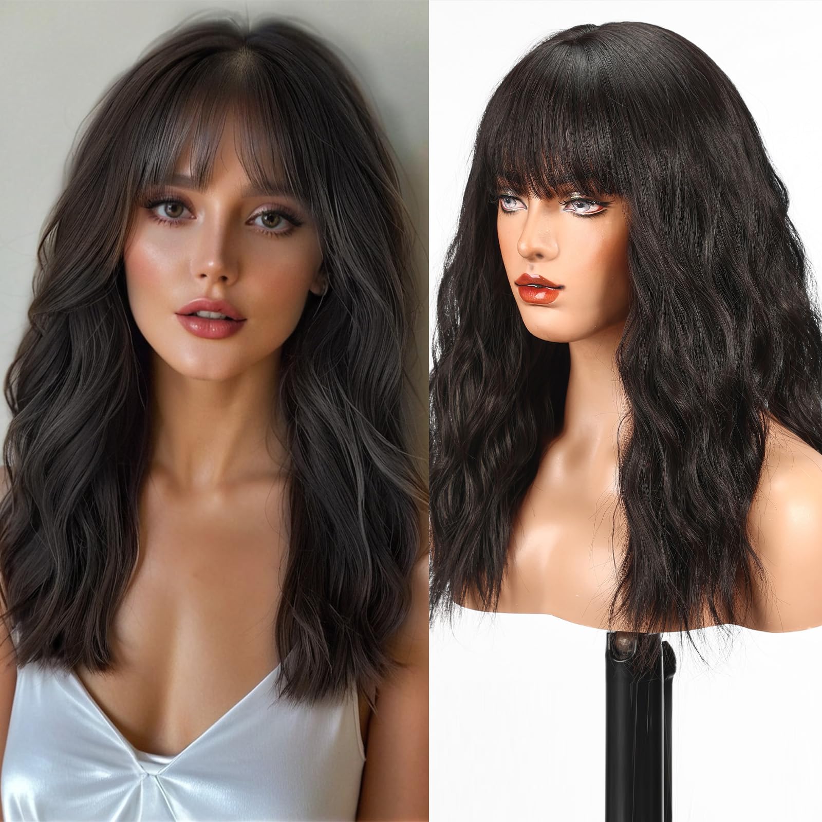 WOKESTAR Long Wig with Fringe Synthetic Wavy Wigs for Women Natural Black Color