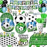 Soccer Birthday Party Decorations Include Plates, Napkins, Cups, Cutlery, Banner, Balloons, Tablecloth, Cake & Cupcake Toppers for Sports Soccer Theme Party Decorations, Serves 20
