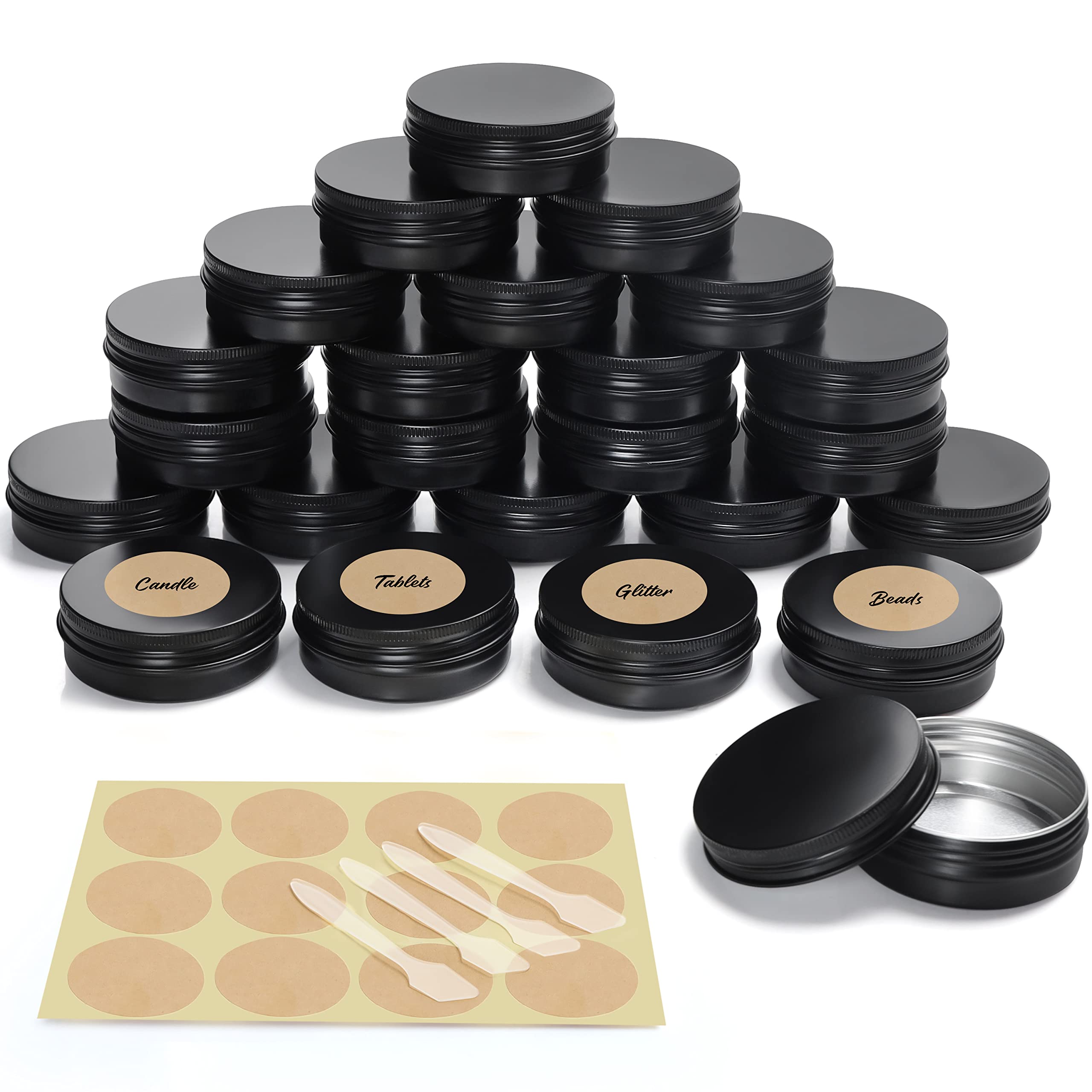 BELLE VOUS 24 Pack Round Aluminium Tins - 60ml / 2oz Black Screw Lid Cans - Mini Empty Metal Jars/Containers for Travel, Cosmetics, Candies/Sweets, DIY Crafts, Lip Balm/Cream, Samples and Storage