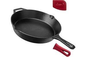 Cast Iron Skillet - 12"-Inch Frying Pan with Assist Handle and Pour Spots + Silicone Grip Cover - Pre-Seasoned Oven Safe Cook
