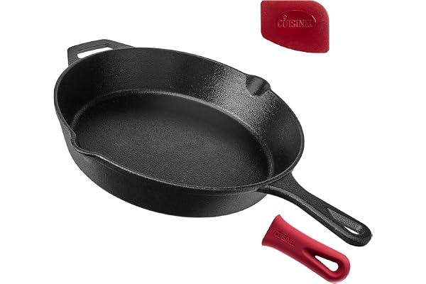 Cast Iron Skillet - 12"-Inch Frying Pan with Assist Handle and Pour Spots + Silicone Grip Cover - Pre-Seasoned Oven Safe Cook