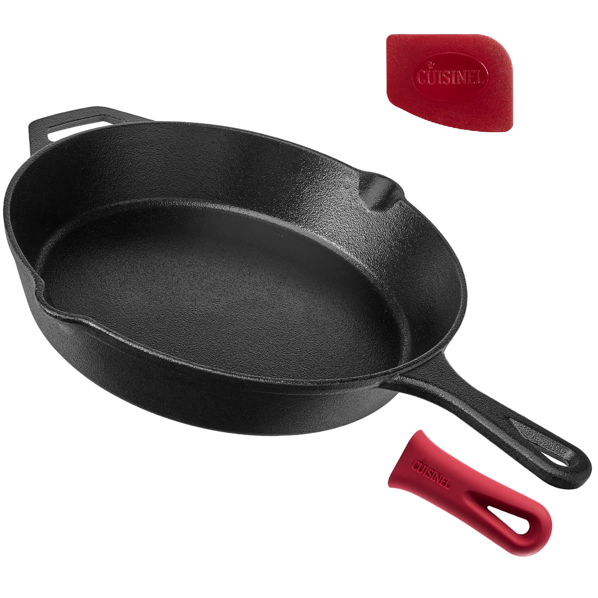 Cast Iron Skillet - 12" Inch / 30.48cm Frying Pan + Silicone Heat-Resistant Handle Cover Holder - Pre-Seasoned Oven Safe Cookware - Indoor and Outdoor Use - Grill, Stovetop, Hob, Induction Safe