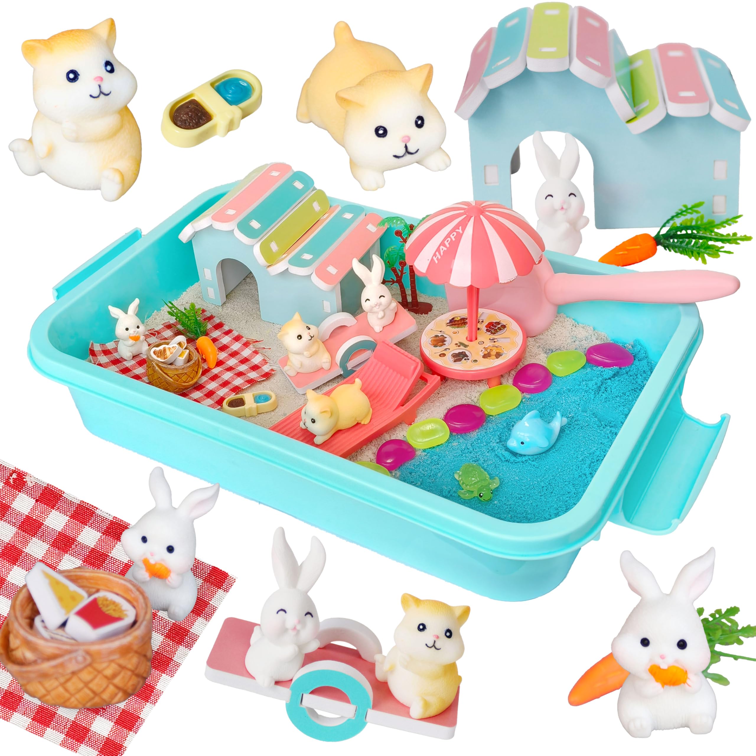 Carolart Pet Sensory Bin,Hamster and Rabbit Habitat,Animal Sensory Sand Kit for Boys and Girls, Pet Sensory Toys,Summer Beach Toys, Sandbox Play Set for Toddler Ages 3 4 5 6 7 8
