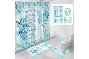 Litabel 4 Pcs Teal Butterfly Inspirational Quotes Shower Curtain Set with Rugs and Toilet Lid Cover, Colorful Boho Waterproof Fabric Bathroom Set, Bible Verse Floral Bathroom Decor Set Accessories
