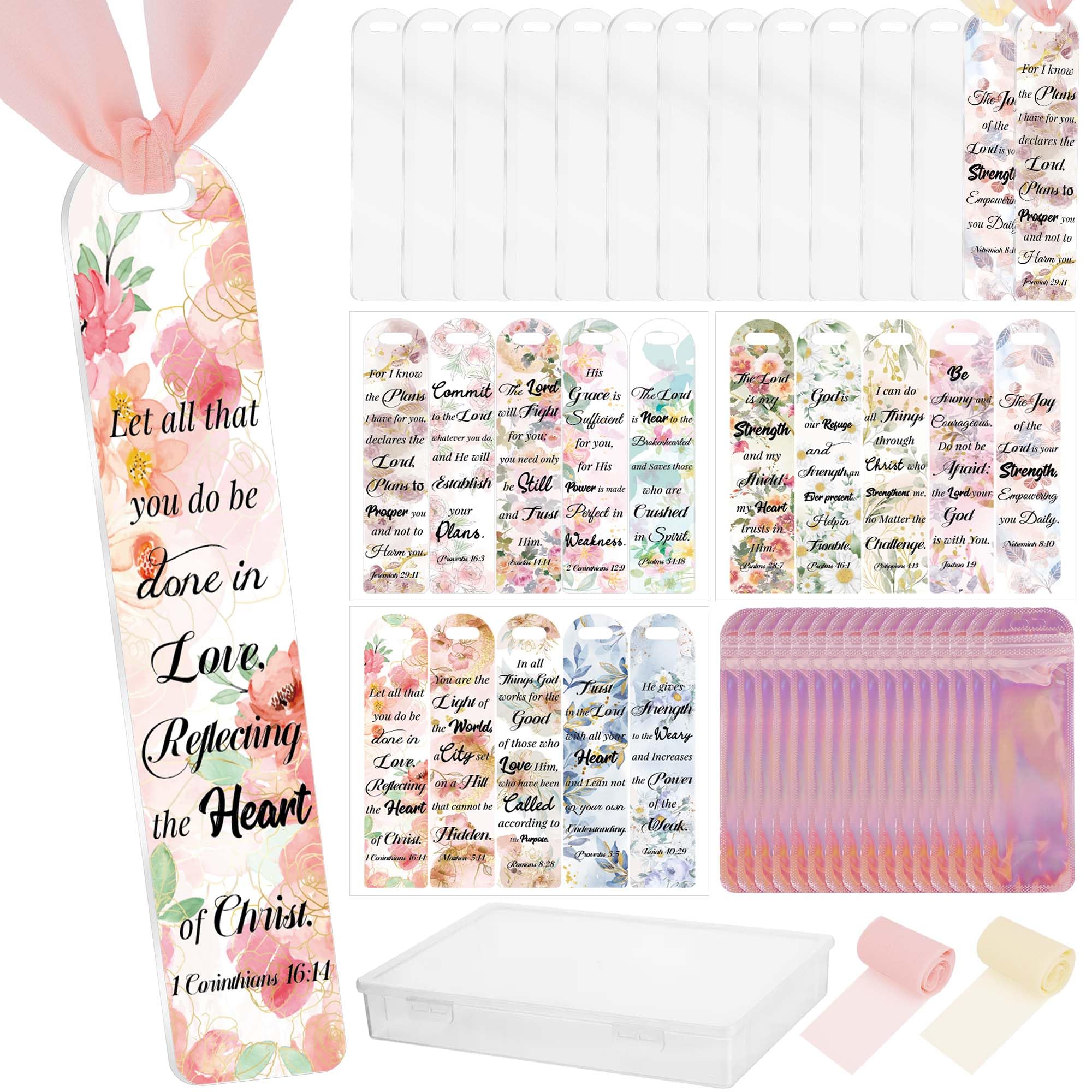 Photo 1 of 60 Pcs Acrylic Bookmark Blanks - 15 Clear Acrylic Bookmarks, 15 Bible Verse Flower UV DTF Stickers, 15 Ribbons, 15 Bags, Bookmark Making Kit DIY Craft, Suprise Readers Gifts