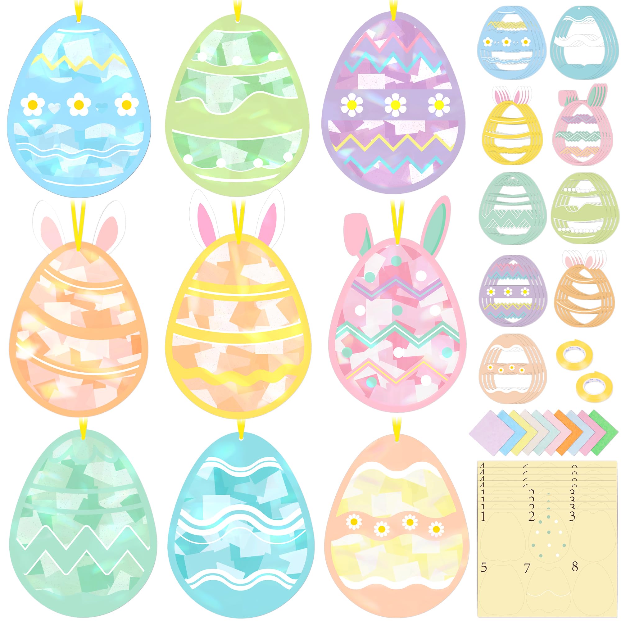 Renbuzhu 48PCS Easter Crafts Bulk: Eggs Paper Suncatchers DIY Kit for Activities Decorations, Window Stained Glass Effect Art Ornaments