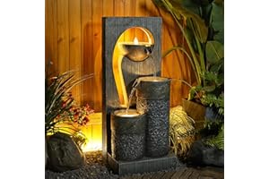 Tankana Water Fountain Zen Feature Outdoor Indoor - Waterfall Garden Freestanding Fountains ρ-Shaped Hollow Artistry Design with LED Lights for Home Decor Patio Yard Pool (41 inches Tall, Gray)