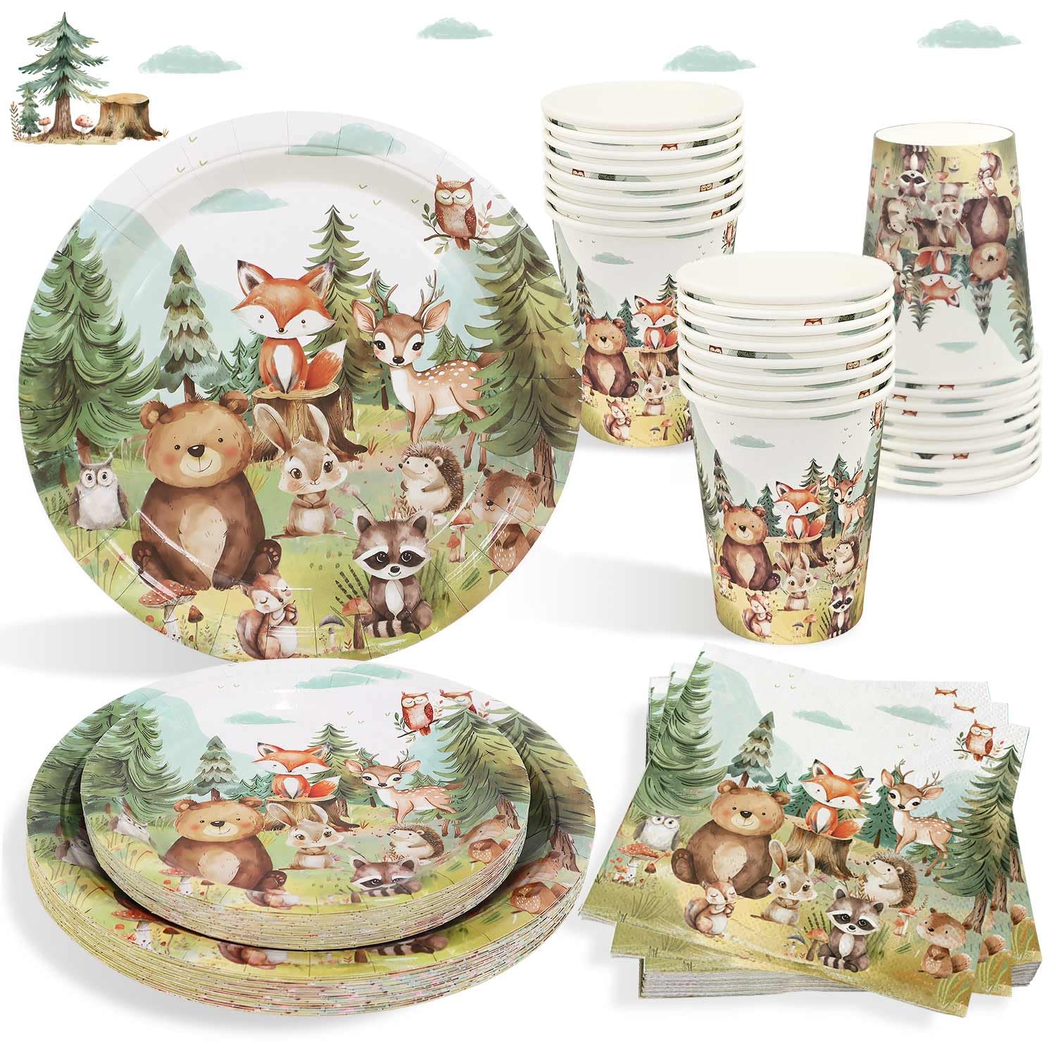 Woodland Party Decorations Party Plates for 25 Guests, 100Pcs Woodland Paper Plates Cups and Napkins Forest Animal Birthday Decorations Tableware for Boys Girls Baby Shower Supplies