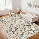 6x9 Area Rugs Washable Rug: Lagre Boho Living Room Rug Soft Non-Slip Thin Carpet Indoor Floor Non-Shedding Neutral Floral Carpets for Bedroom Dining Room Farmhouse Nursery Beige