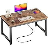 Huuger 48 x 24 inch Desk with Power Outlets & USB-C, Deeper & Thicker Desktop, Robust Metal Tubes, Computer Desk, Heavy Duty Office Desk, Work Gaming Desk for Home Office, Rustic Brown