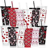 Qinyoung 12 Pack Valentines Day Coffee Cups Mugs Gift Bulk for Teachers Women 24 oz Thank You Reusable Plastic Cups with Straws and Lids Galentine's Day Gifts Tumbler for Hot and Cold Drinks(Heart)
