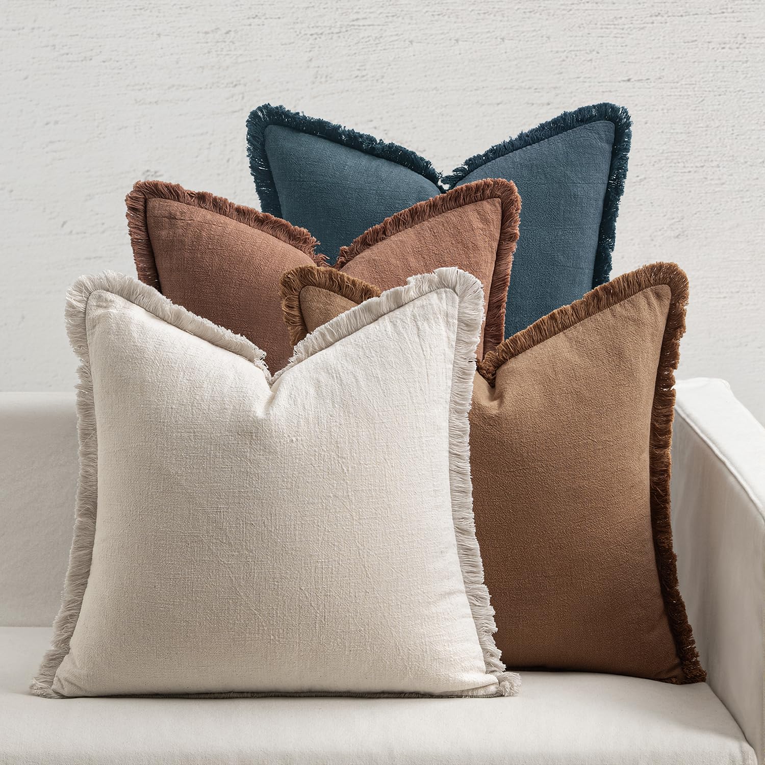 Photo 1 of MIULEE Decorative Couch Pillow Covers Neutral Linen Fringe Throw Pillows Set of 4 Modern Rustic Cushions Boho Farmhouse Pillowcases for Bed Sofa Living Room Home Decor 18x18 Inch Beige/Brown/Blue