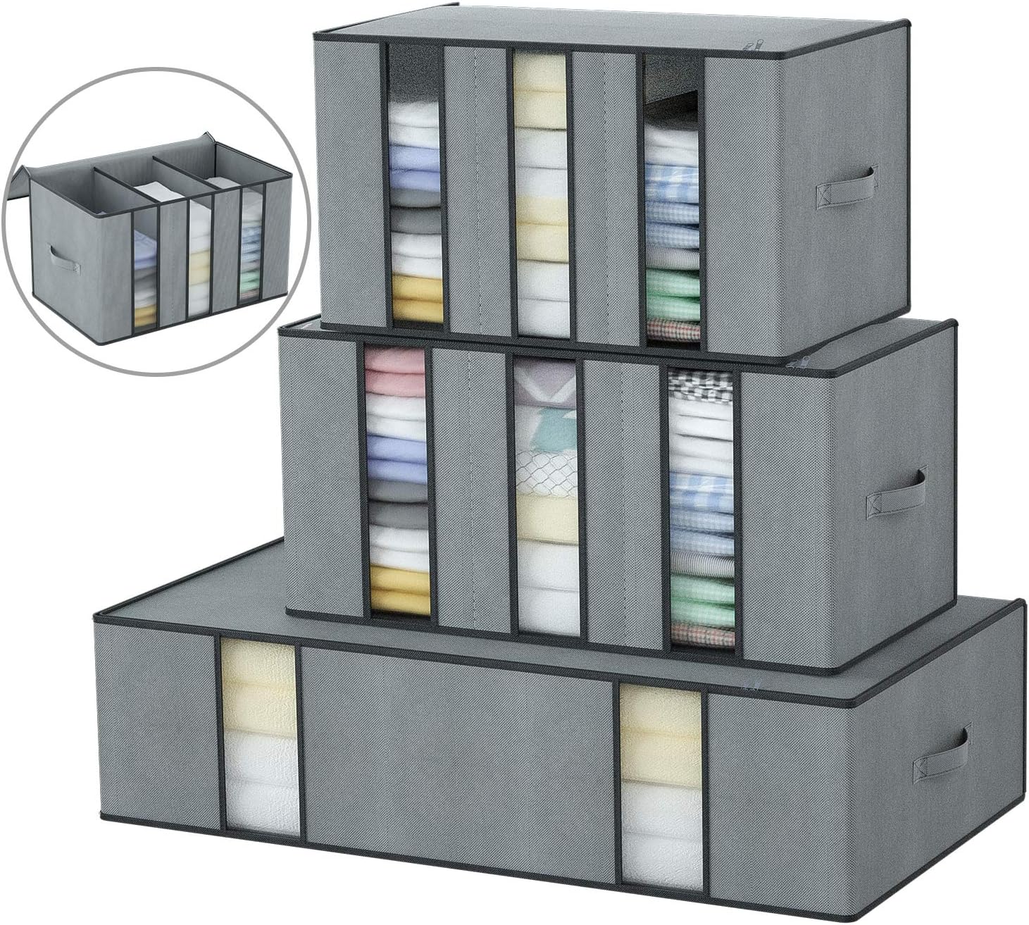 3 Pack Large Storage Bag with Compartment Clothes Storage Bag with