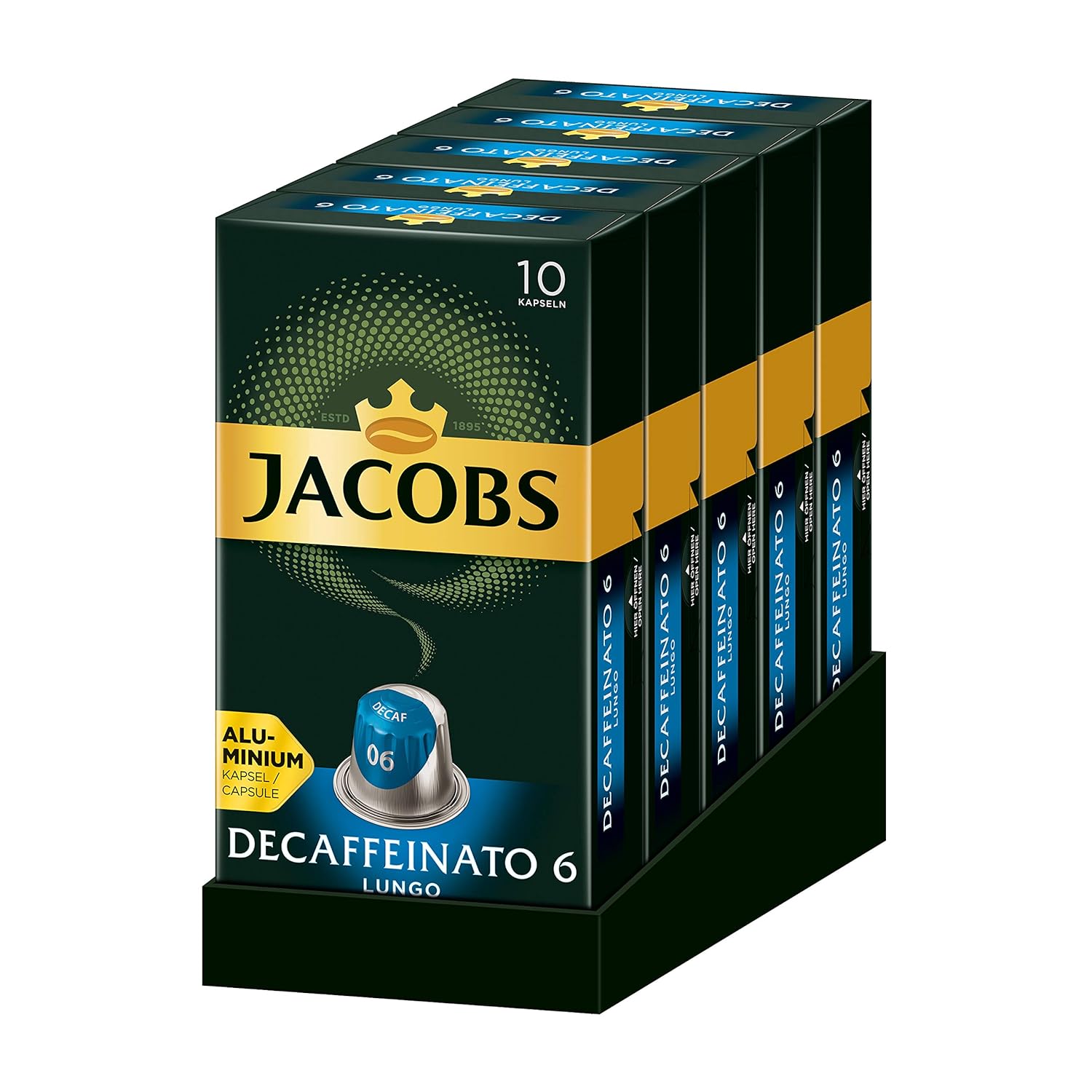 Jacobs Kaffeekapseln Lungo Decaffeinato, Intensität 6 von 12, 50 Nespresso kompatible Kapseln, 5er Pack (5 x 52 g)