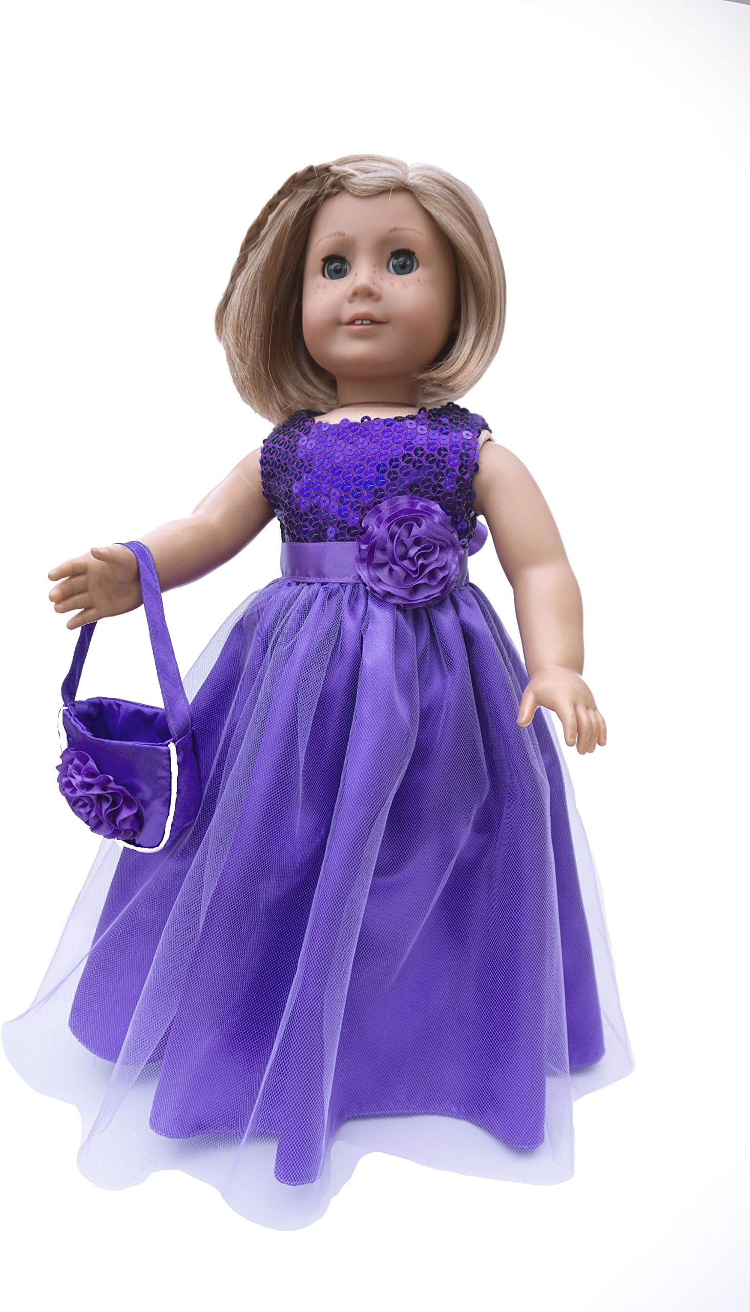 MangoPeaches- 18 Inch Doll Clothes - 2 Piece Purple Long Dress,Includes Purple Dress,Purple Handbag , Princess Outfit Compatible with 18 Gild Doll