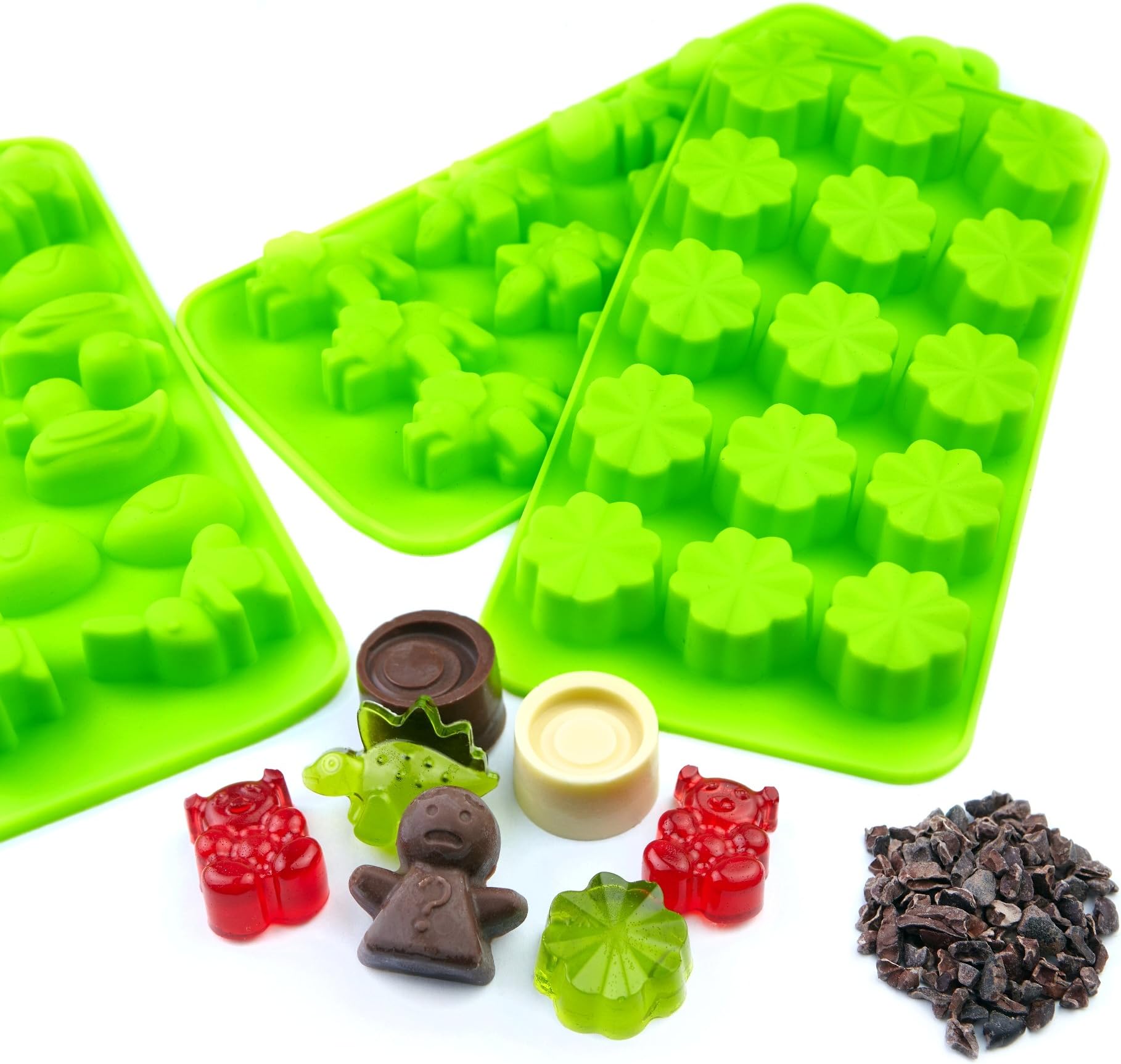 Silicone Chocolate Candy Molds, 3-Pack Set, Non-Stick Candy & Ice Cube Molds, Choice of Three Colors, Chocolate, Purple or Green, 3 Designs Per Pack, Animals, Swirls & Flowers