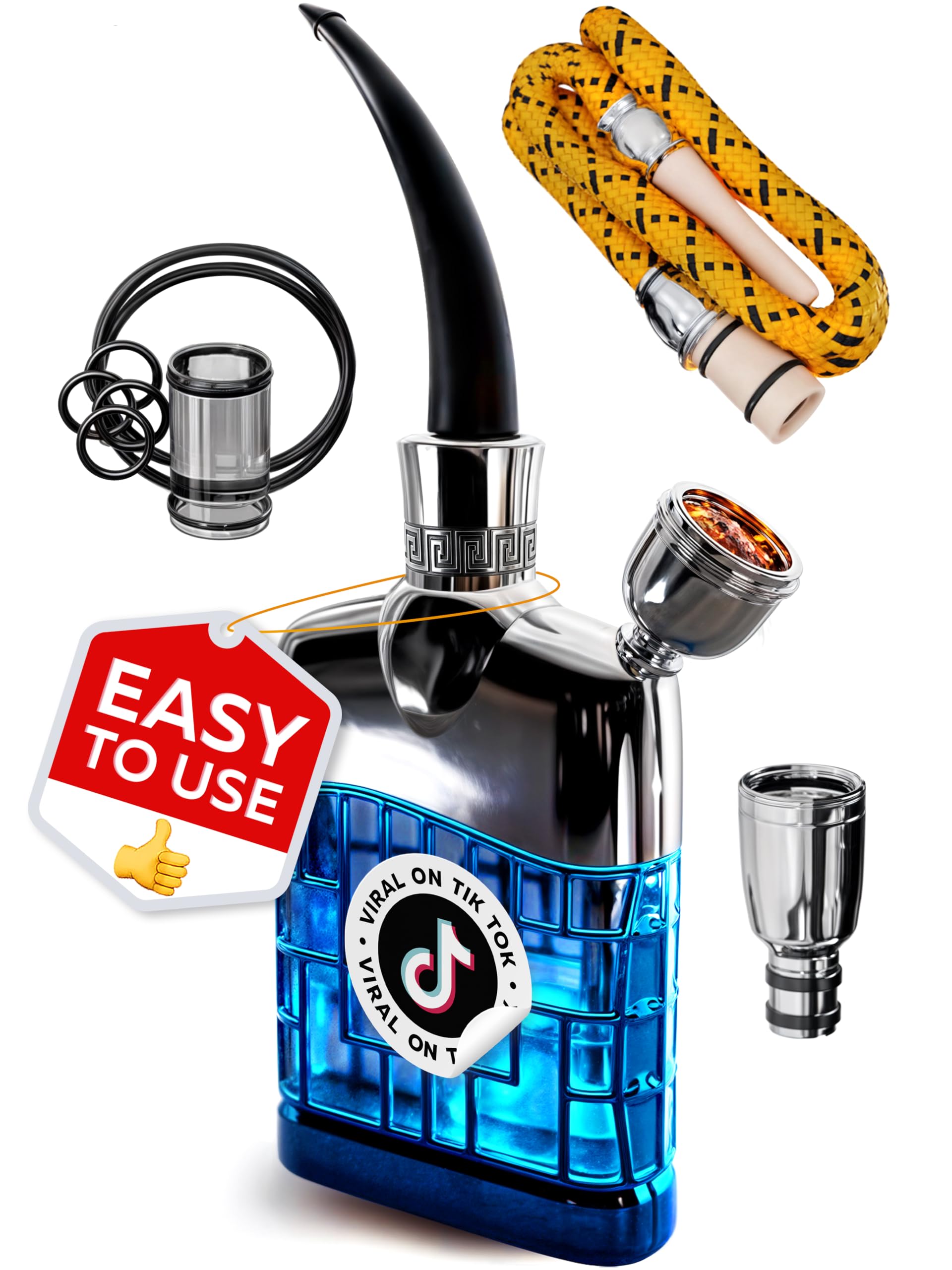 Photo 1 of Blue Portable Hookah Set For Car - Blue & Silver Mini Hooka - Small Hookah Set For Travel - Personal Hookah To Go
