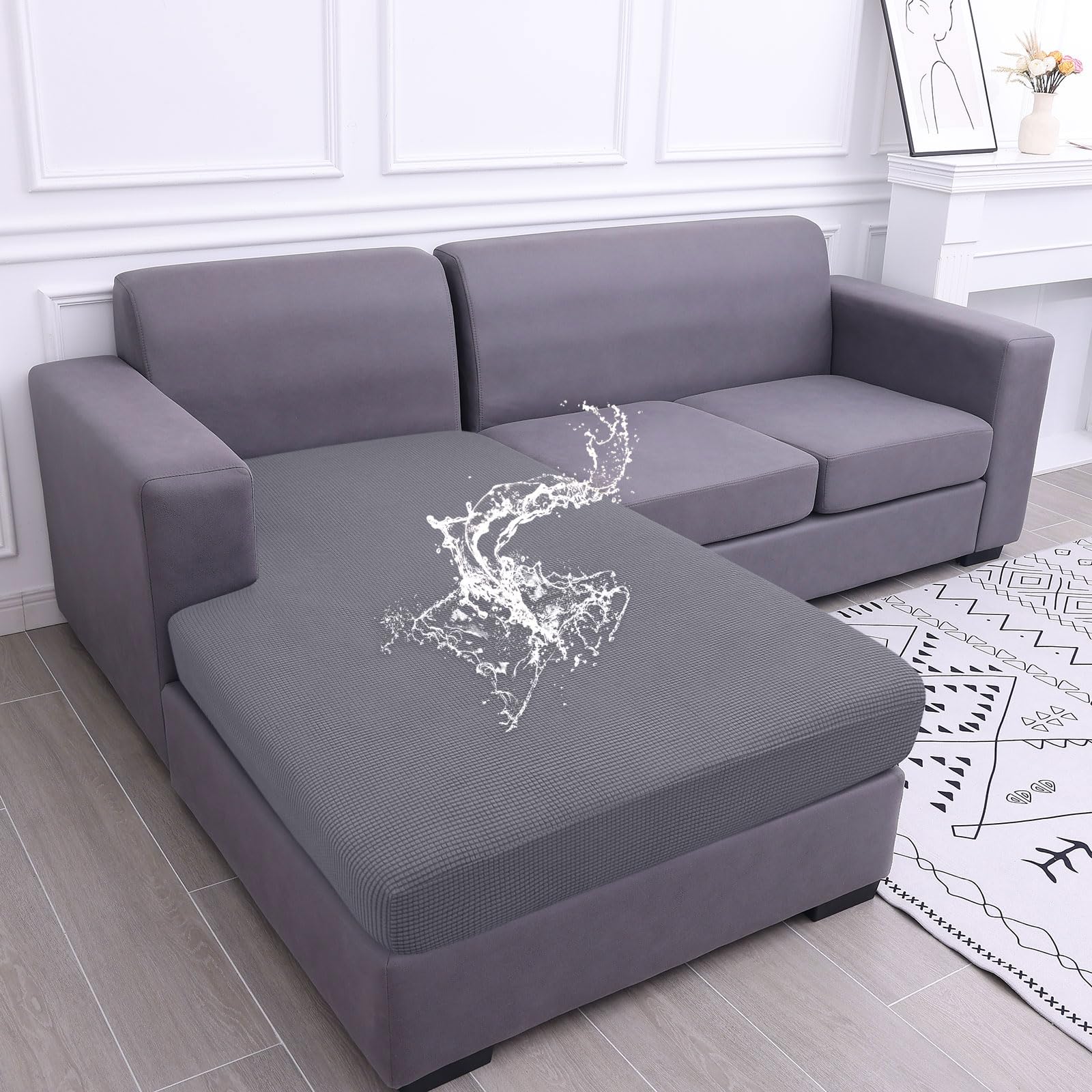 Photo 1 of hyha Waterproof Sectional Couch Covers, Non Slip Sofa Couch Cushion Covers L Shape, Thick Stretch Jacquard Fabric, Washable Sofa Slipcovers with Elastic Bottom (1 Piece for Chaise XL, Middle Grey)