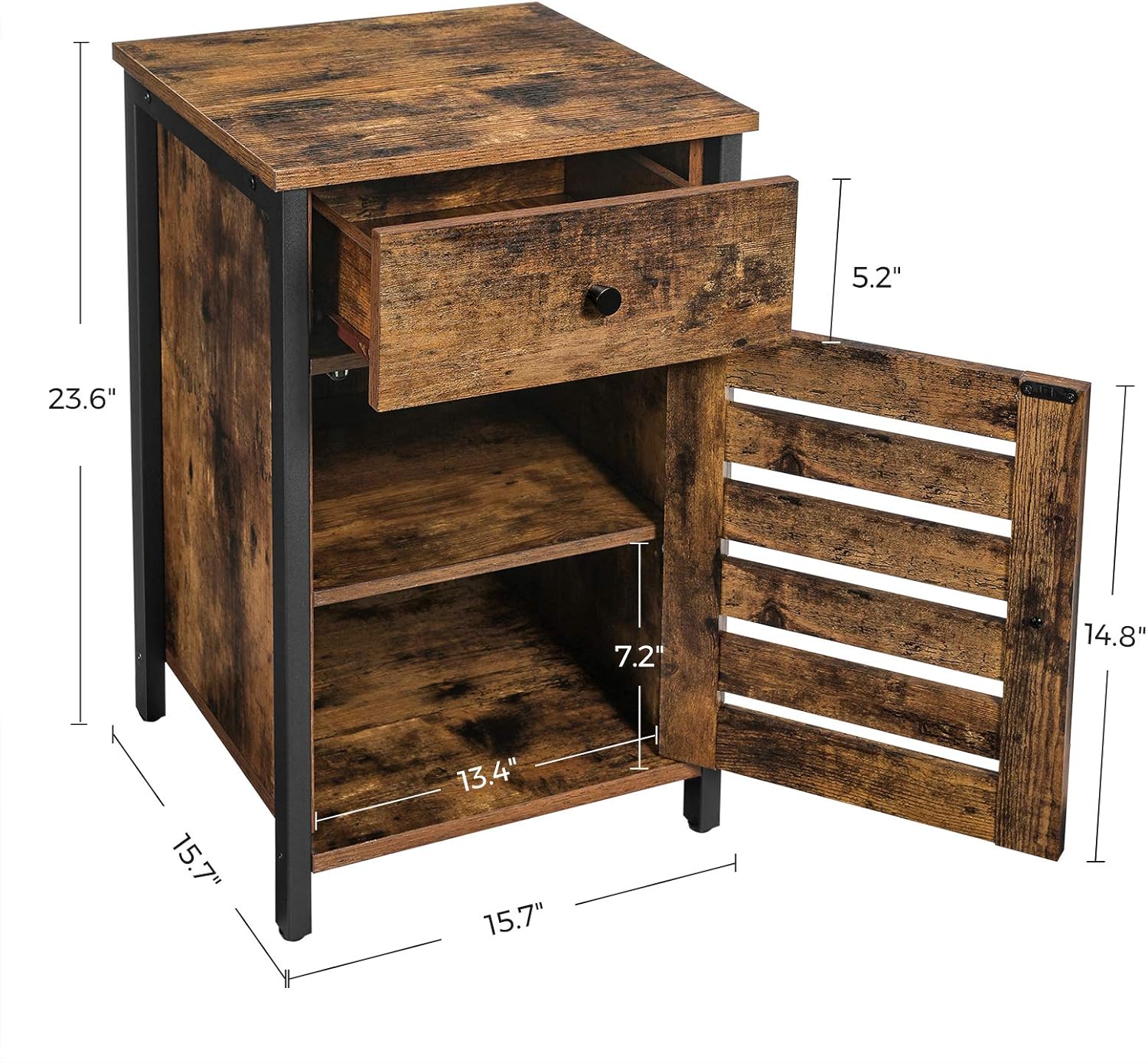 VASAGLE Nightstand, Side Table with Drawer, Shutter Door, End Table with Adjustable Shelf, Metal Frame, Industrial Style, Rustic Brown and Black ULET063B01: Kitchen & Dining
