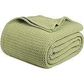 Tex Trend 100% Cotton Waffle Weave Sage Green Blankets Twin Size - Soft and Breathable Cotton Bed Blankets for Spring Summer, Premium Throw & Bed Layering, Sage Green, Twin 60x90 Inches