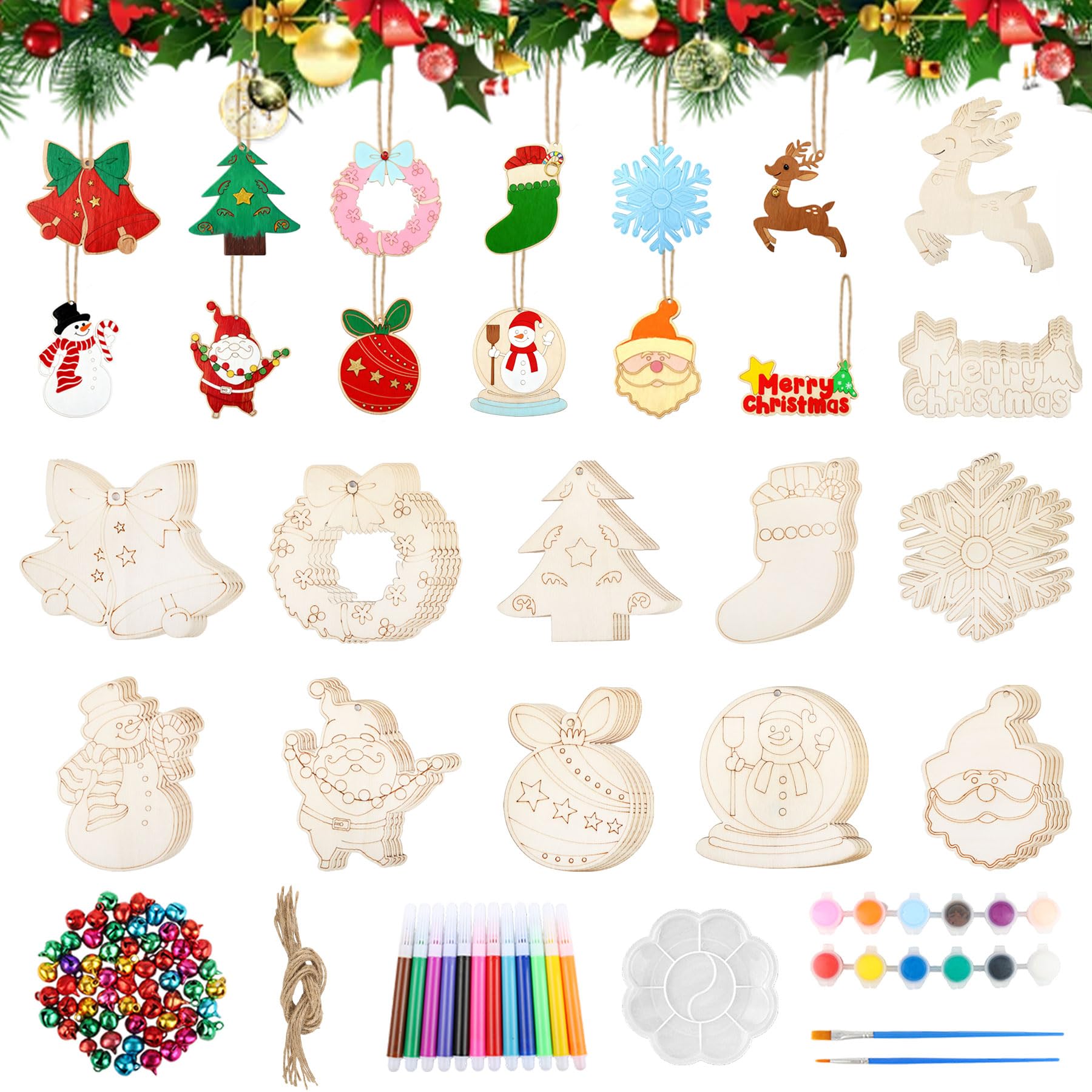 Photo 1 of VGFOON 60Pcs Unfinished Wooden Christmas Ornaments to Paint 12 Styles Wood Ornaments Decorations - DIY Arts and Crafts Christmas Crafts for Kids with 60 Colorful Bells 12 Color Pens 2 Color Paint Set