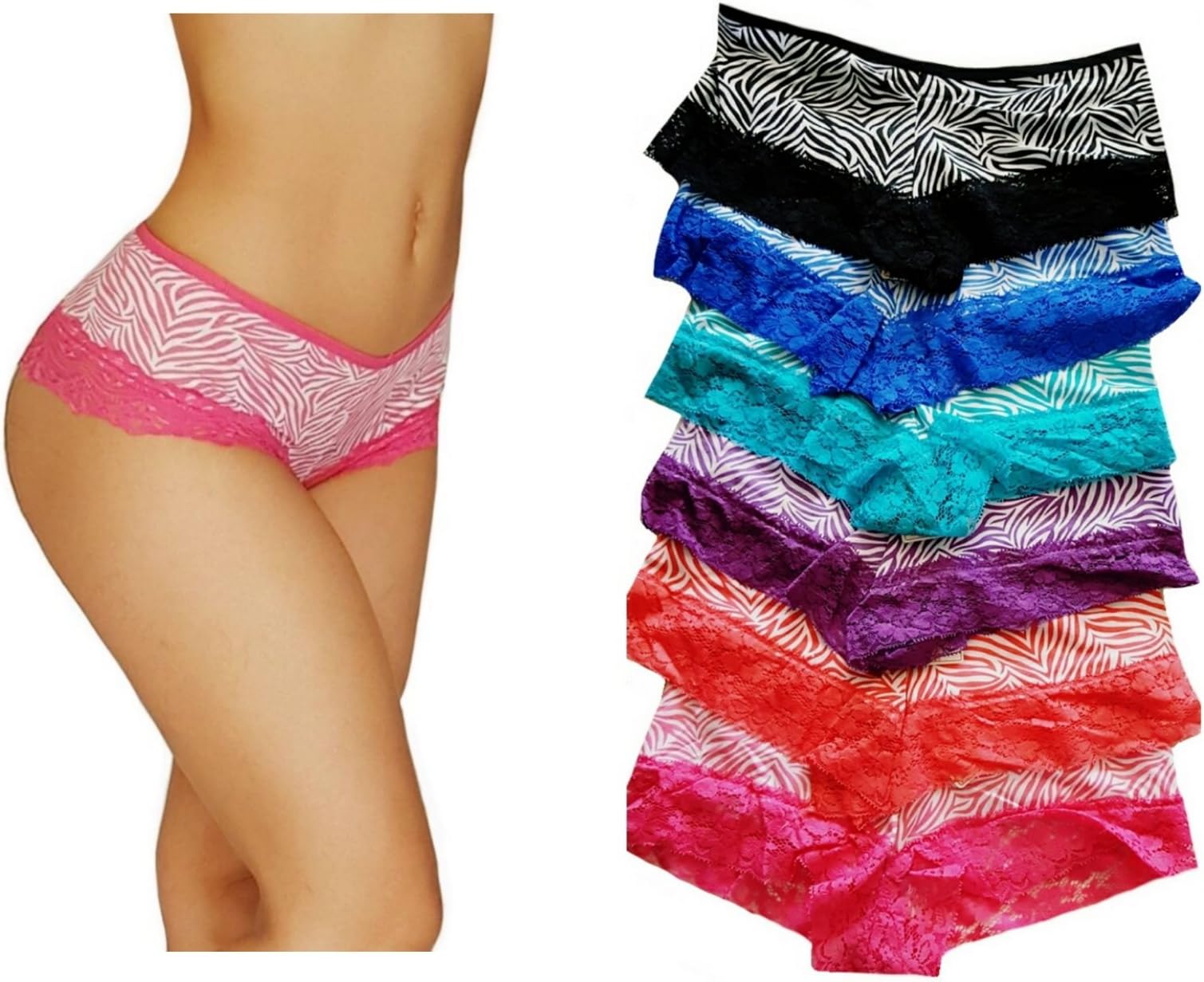 Sexy Printed lace Trim Cotton Hipsters boy Shorts Pack of 6 Different Zebra Colors