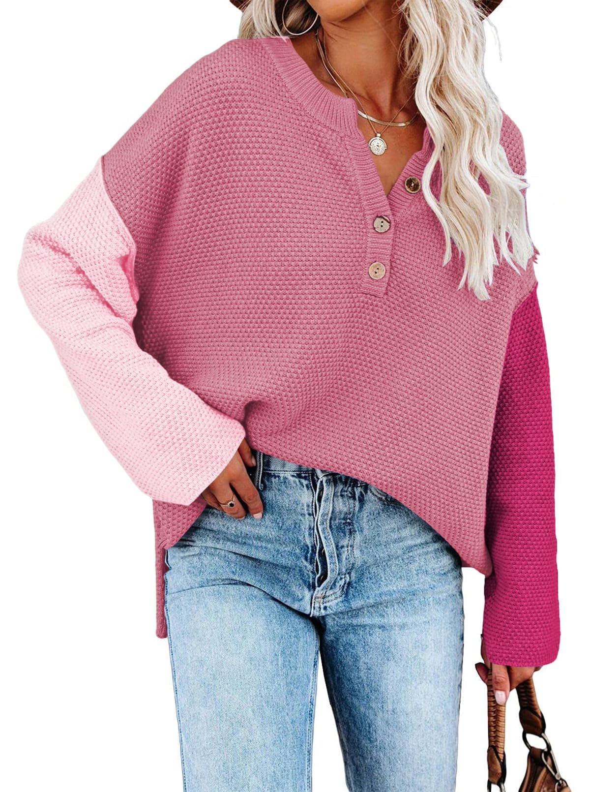 Pink Queen Women's V Neck Button Sweater Oversized Batwing Long Sleeve Henley Pullover Knit Jumper Top
