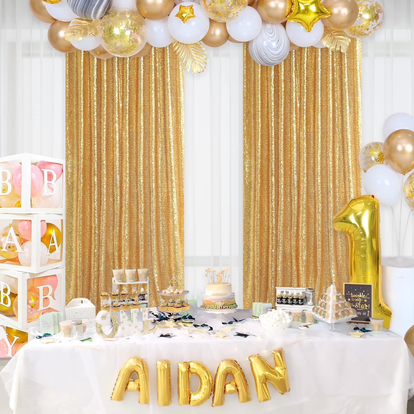 Gold Sequin Backdrop Curtain Panels Stage 2 Pieces 2FTx8FT Sheer Gold Curtains Backdrop Photo Backdrop Curtains for Wedding Birthday Party Background Drapes Christmas Decorations