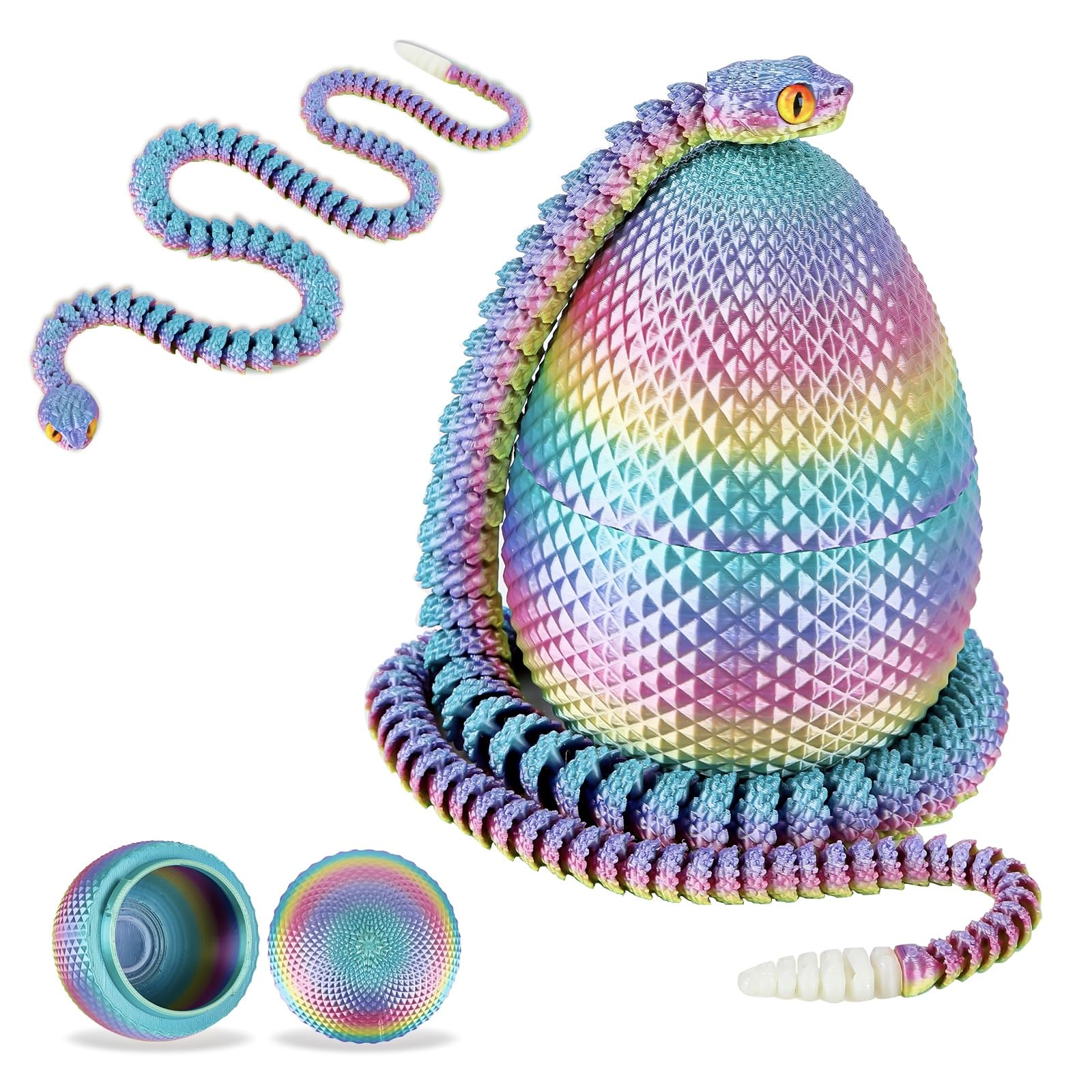 Photo 1 of 3D Printed Snake Eggs with Snake Inside?23.22 Inch Rainbow Crystal Snake Fidget Toys?Articulated 3D Snake with 3D Snake Eggs Multiculor