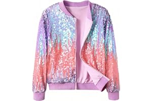 Lovekider Girls Sequin Jacket Glitter Long Sleeves Gradient Ombre Bomber Coat with Ribbed Cuffs for 4-12 Years Kids