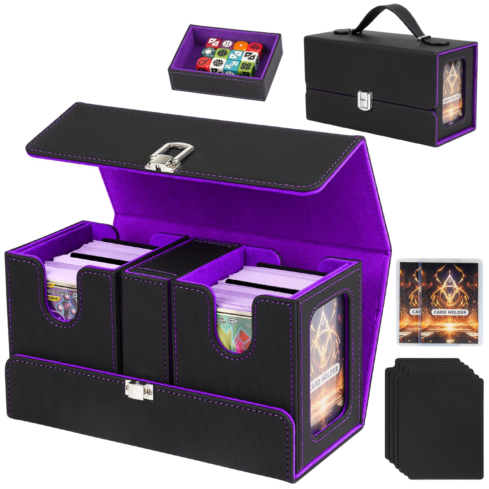 Jaffzora 3-in-1 Commander Deck Box for MTG/TCG – Holds 200+ Double-Sleeved Cards (2 Deck Boxes + Dice Tray), Dual Display Windows, Magnetic PU Leather Storage Case, Black&Purple