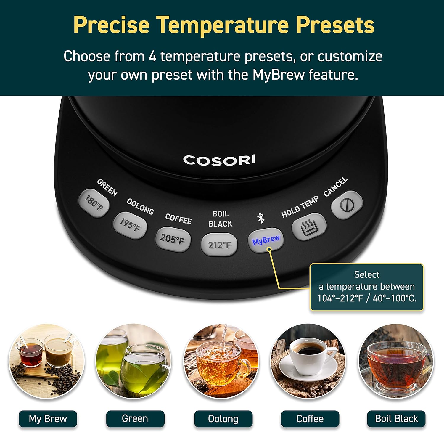 COSORI Electric Gooseneck Smart Bluetooth with Variable Temperature Control Pour Over Coffee Kettle & Tea Kettle, 100% Stainless Steel Inner Lid & Bottom, Quick Heating, 0.8L, Black: Kitchen & Dining