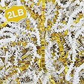 Corlcol 2LB Crinkle Paper Shred Filler for Bag Gift Box Basket Paper Shreded Stuffing Decoration in Party (White & Gold)