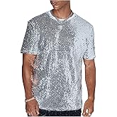OYOANGLE Men's Sparkly Sequin Shirt Crew Neck Short Sleeve Shiny Tee Tops Nightclub Glitter T- Shirts