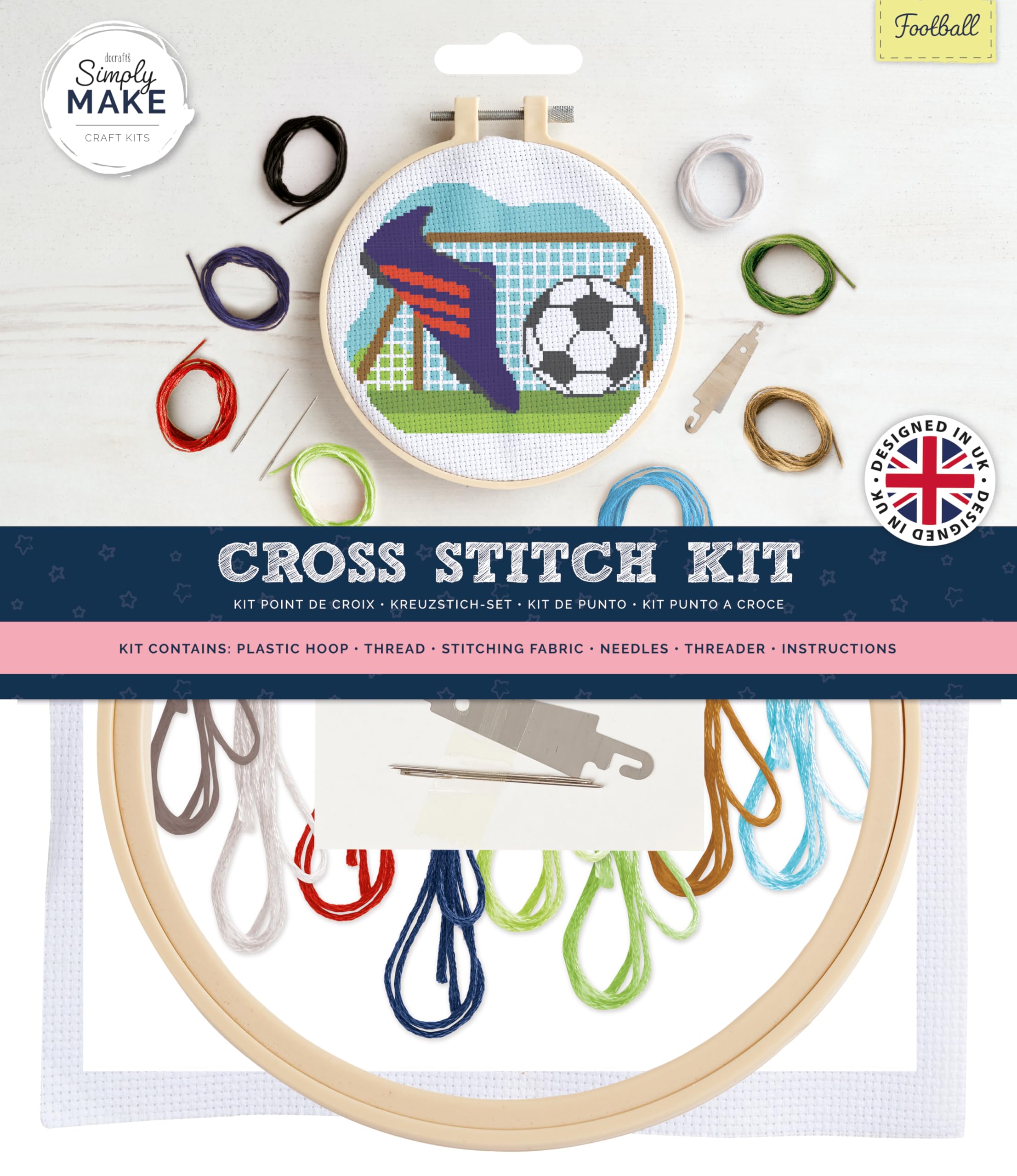 Simply MAKE Cross Stitch Kit Football Design, Kids & Adults, Hoop, Embroidery Thread, Adult Crafts, Beginners Craft Kit