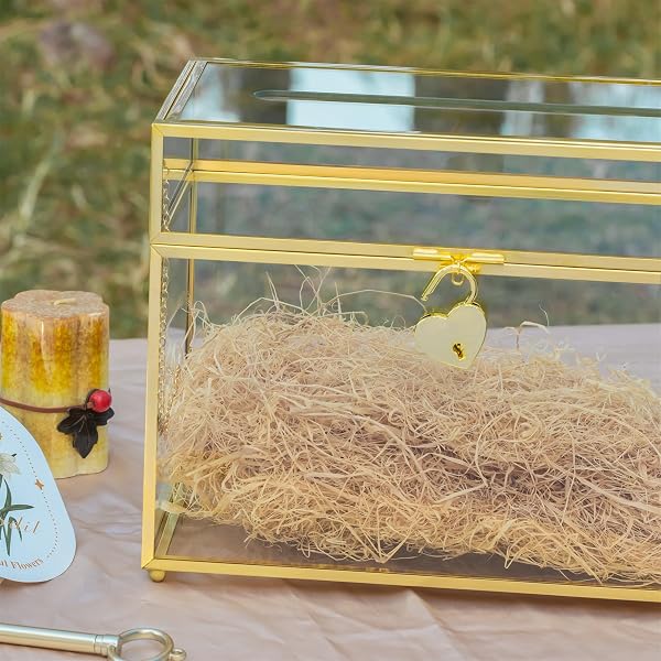 NCYP SMALL 9.8″ X 5.6″ X 7.7″ GLASS WEDDING CARD BOX WITH SLOT AND LOCK – BIRTHDAY PARTY RECEPTION, INDOOR TABLETOP CENTERPIECE, GOLD DECORATION – SLOT LENGTH 7.1 INCHES (GLASS BOX ONLY)