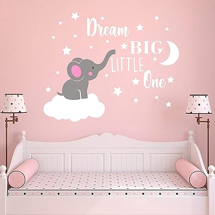 Dream Big Little One Elephant Wall Decal Quote Wall Stickers Baby Room Wall Decor Vinyl Wall Decals For Children Baby Kids Boy Girl Bedroom Nursery