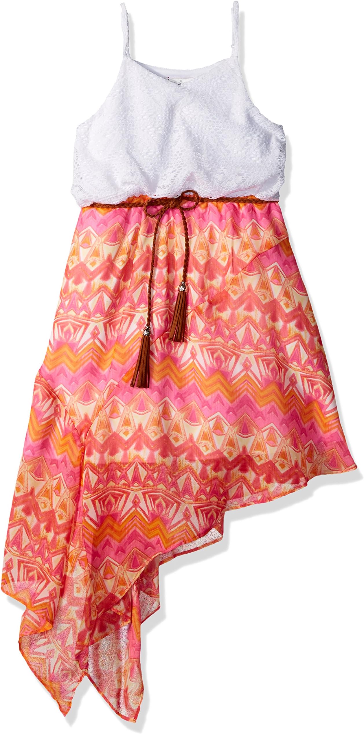 Sweet Heart Rose Girls' Big Sleeveless Crochet Bodice Printed Chiffon Dress with Belt