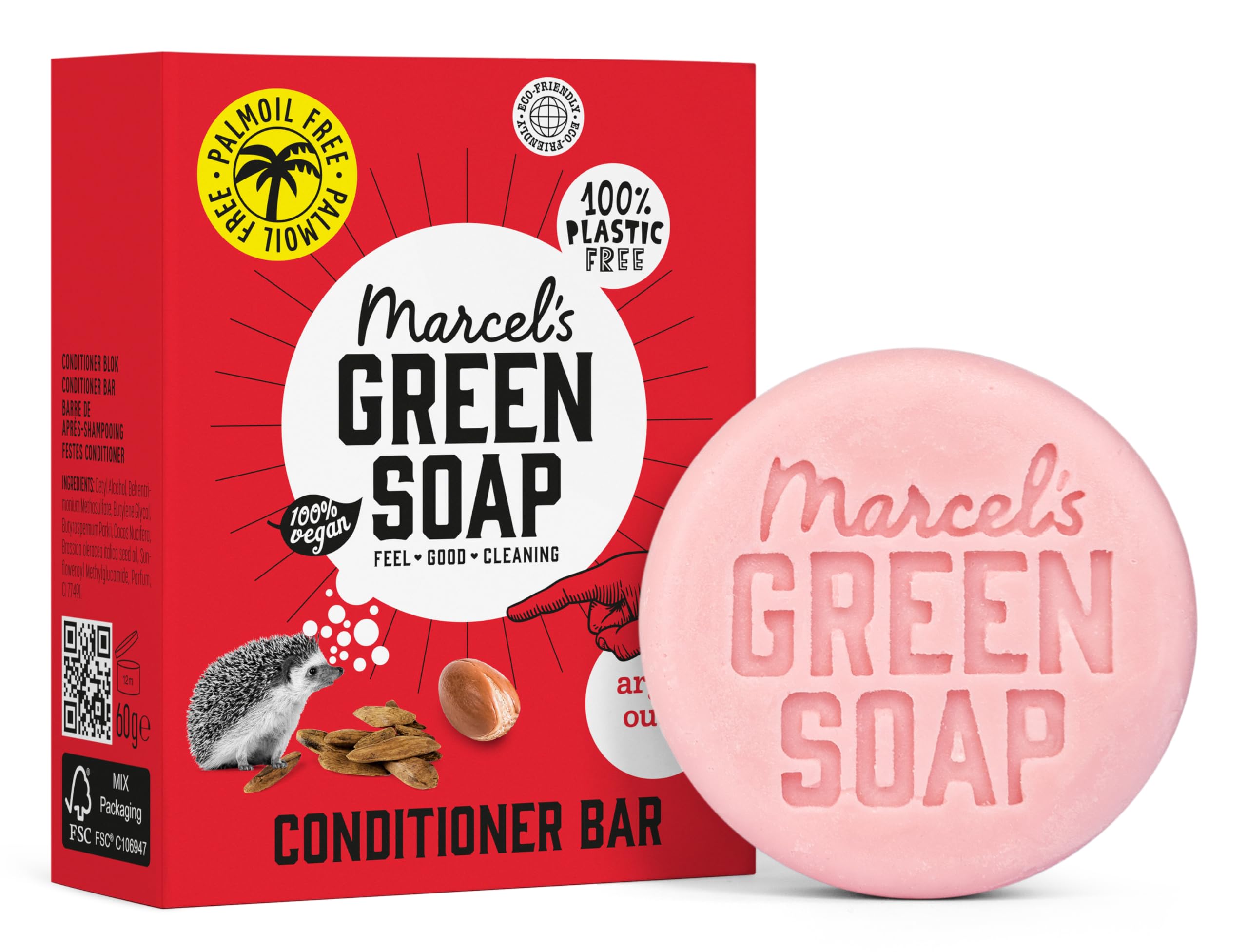 Marcel's Green Soap - Hair Conditioner Bar Argan & Oudh - Eco-Friendly - Zero Plastic Packaging - Palm Oil Free - Vegans - Compact and Long-Lasting - 60 grams
