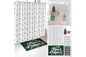Remagr 17 Pcs Christmas Bathroom Accessories Set Christmas Tree Shower Curtain with 12 Hooks Bath Mat Rug Non Slip Soap and Lotion Dispenser 2 Towels for Holiday Decorations Merry Xmas Gifts