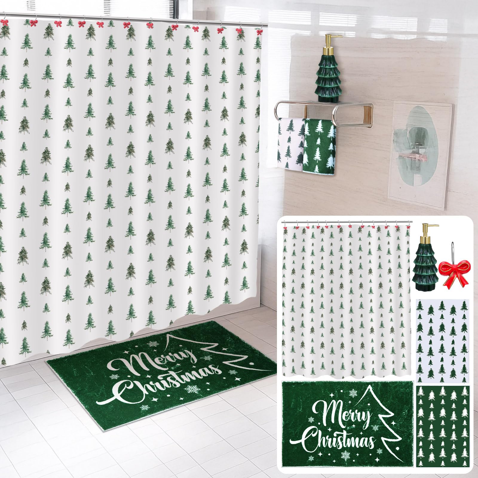 Photo 1 of (ONLY shower curtain) Remagr 17 Pcs Christmas Bathroom Accessories Set Christmas Tree Shower Curtain with 12 Hooks Bath Mat Rug Non Slip Soap and Lotion Dispenser 2 Towels for Holiday Decorations Merry Xmas Gifts