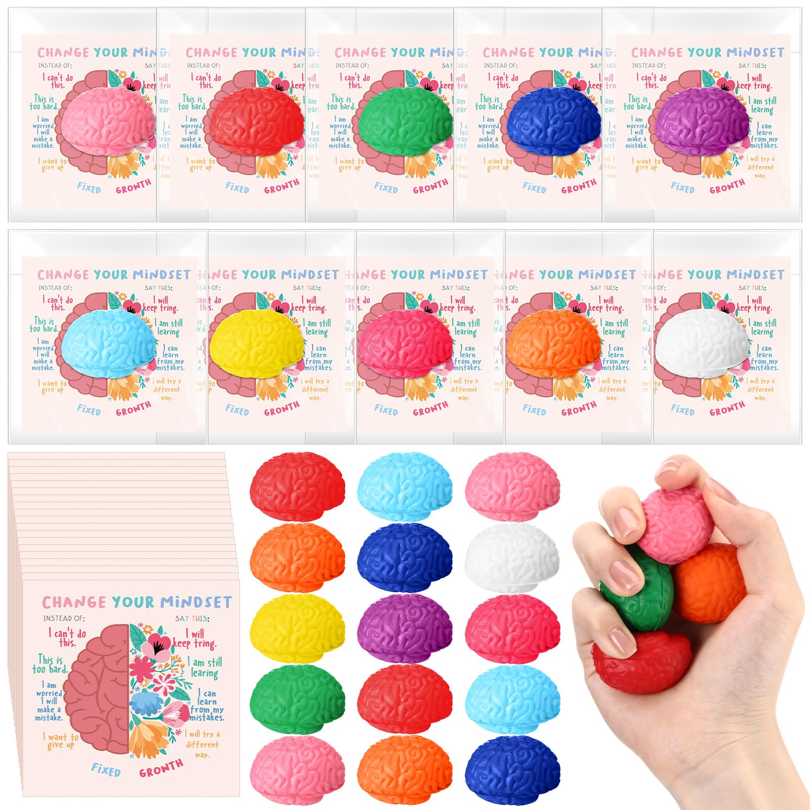 Photo 1 of Hollowfly 50 Set Growth Mindset Gift Brain Stress Balls Bulk with Motivational Cards Funny Stress Relief Toy for Students Classroom Employee Appreciation for Coworker(Mini Brain)