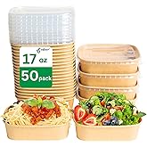 ganfaner 17oz Disposable Meal Prep Food Container Box with Lids, 50 Sets Kraft Paper Bowls Compostable for Soup Noodles Acai Microwave Safe, Leak-Proof Salad Bowl for Lunch Party Home School Take Out