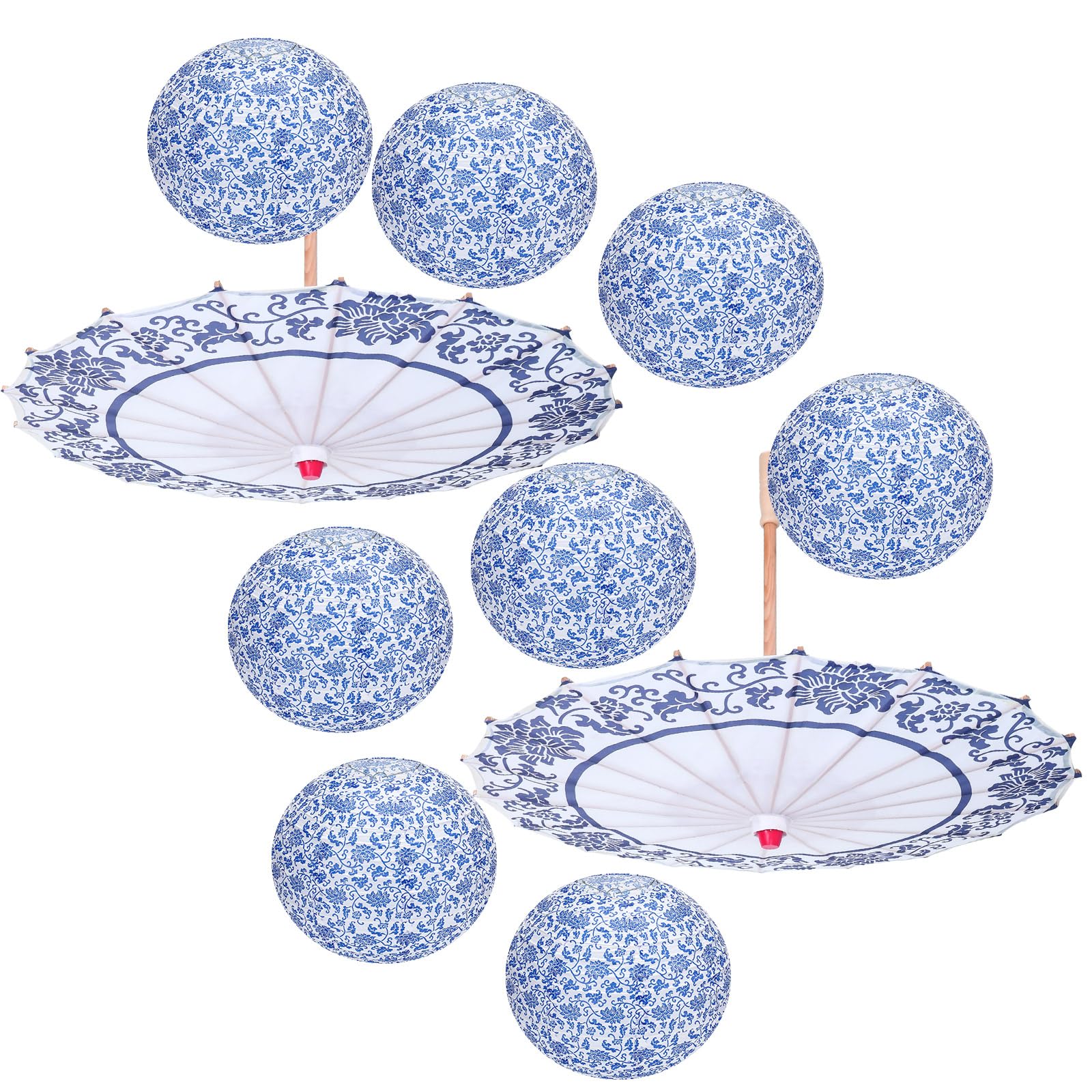Photo 1 of Xuniea 10 Pcs Blue and White Porcelain Decoration Set 2 Chinoiserie Oiled Paper Umbrella 8 Blue and White Porcelain Patterned Paper Lantern for Photography Costumes Dance Perform Wedding Prop