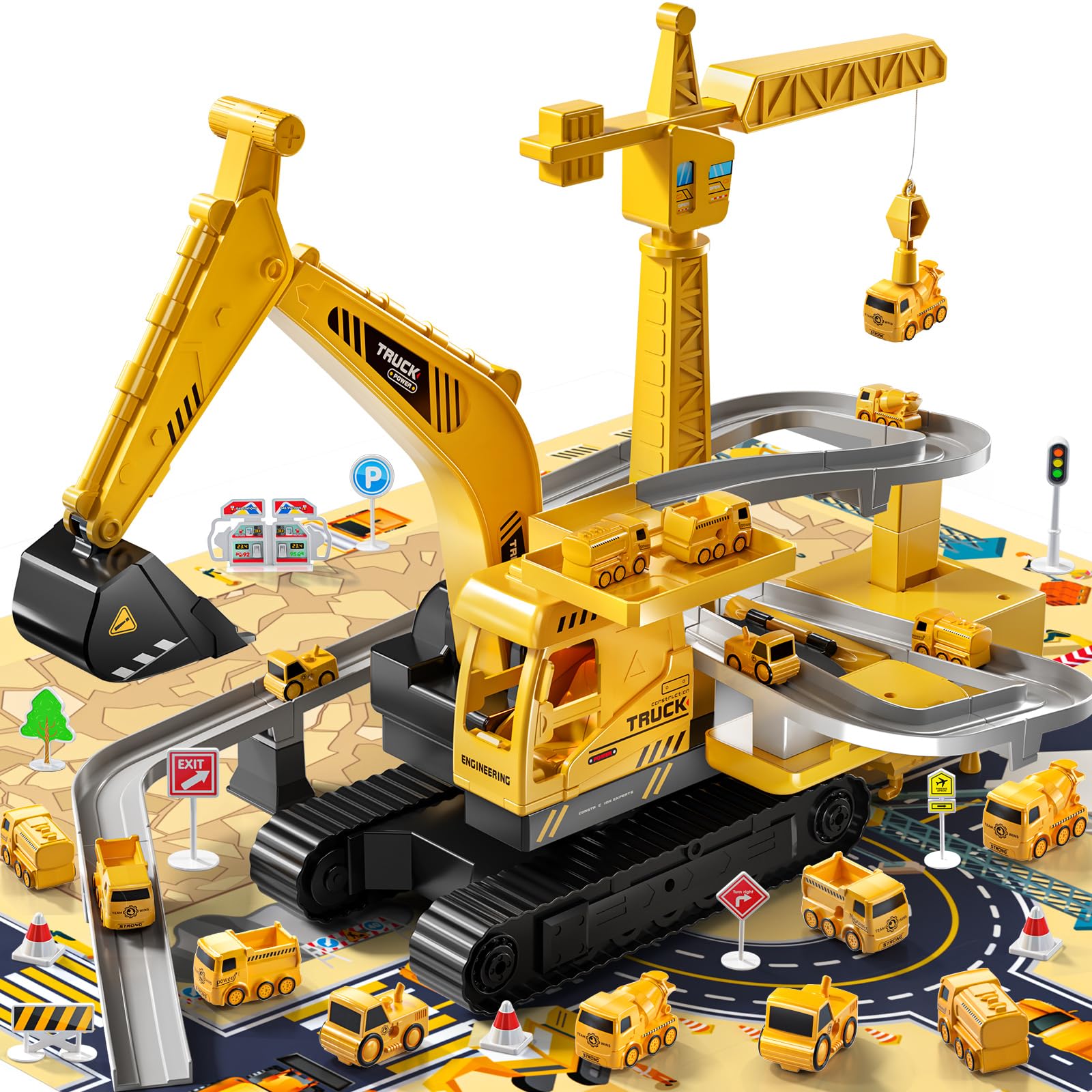 TEMI Construction Truck Toys for Boys 3 4 5 6 7 Years Old - Engineering Digger with Race Tracks, Excavator Crane Toys for Toddlers Kids 3-5, Birthday Gift for Boys & Girls Aged 4-6