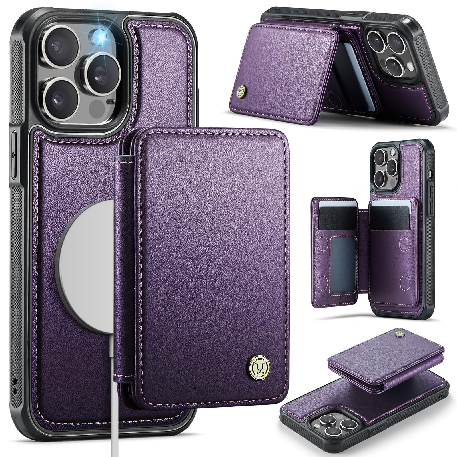 Photo 1 of Usroom Compatible with Magsafe for iPhone 14 Pro Max Wallet Case Magnetic Card Holder, RFID Blocking 2 in 1 Detachable Kickstand Shockproof Case for Women Men, Purple
