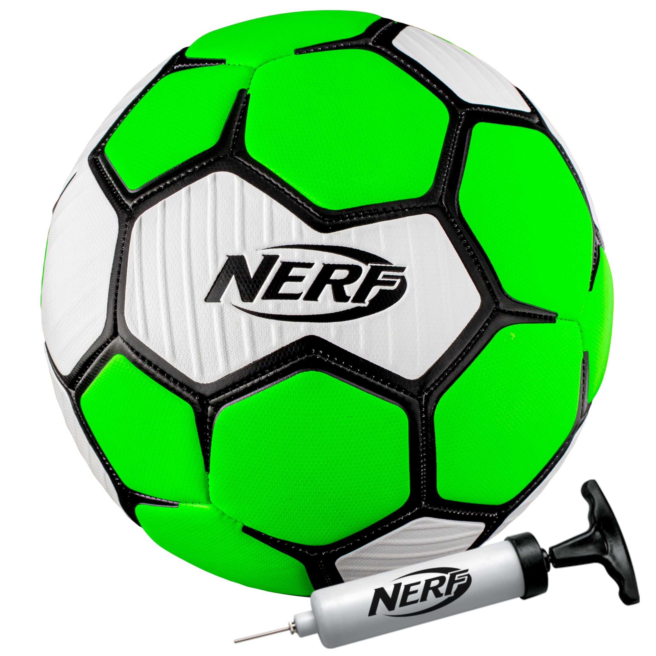 Photo 1 of Nerf Proshot Kids Soccer Ball - Size 4 Indoor + Outdoor Youth Soccer Ball + Air Pump Set - Official Size 5 Soft Cover for Boys + Girls - Pump + Inflation Needle Included - Green/White