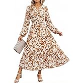 Women Long Sleeve Midi Dress, Boho Floral Casual Flowy A Line Dresses, Spring Elegant Classy Dress with Pocket