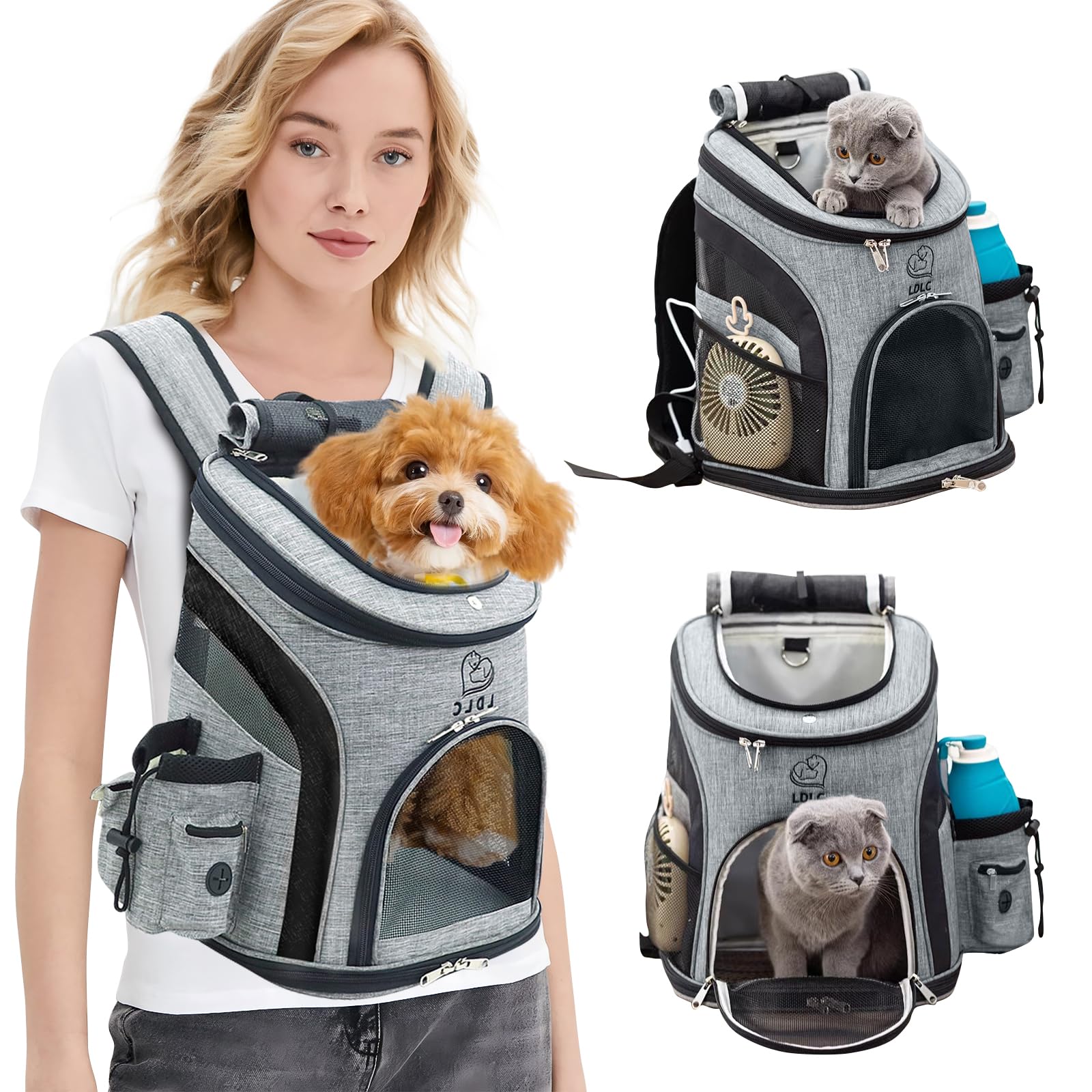 PETCUTE Dog Carrier Backpack,Cat Backpack with Top Opening Window,Breathable Fabric Pet Carrier Backpack with Side Pockets, Lightweight Pet Travel Carrier for Hiking,Camping,Traveling