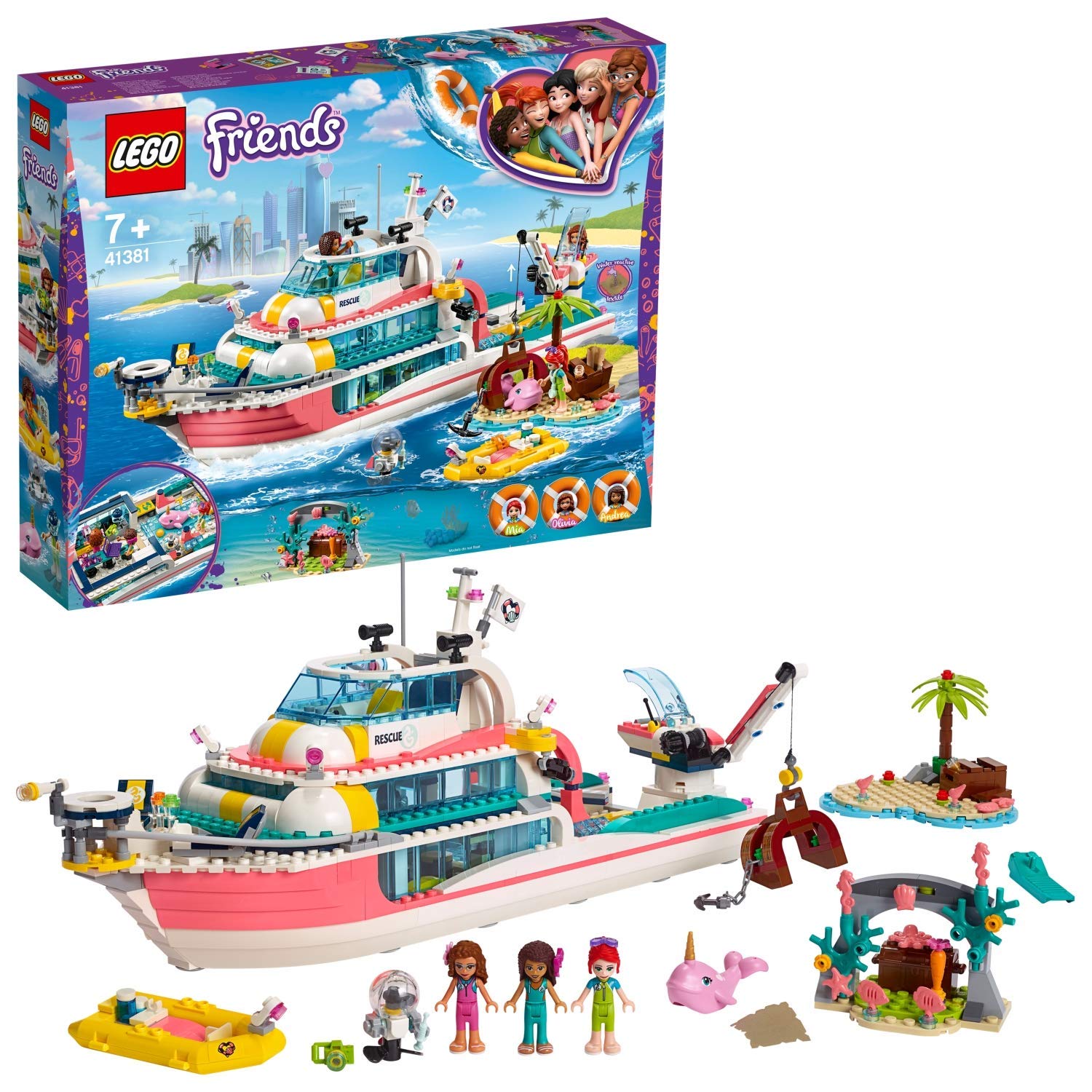 LEGO 41381 Friends Rescue Mission Boat Island Toy for Kids with Olivia, Andrea and Mia Mini Dolls, plus Robot and Whale Figures